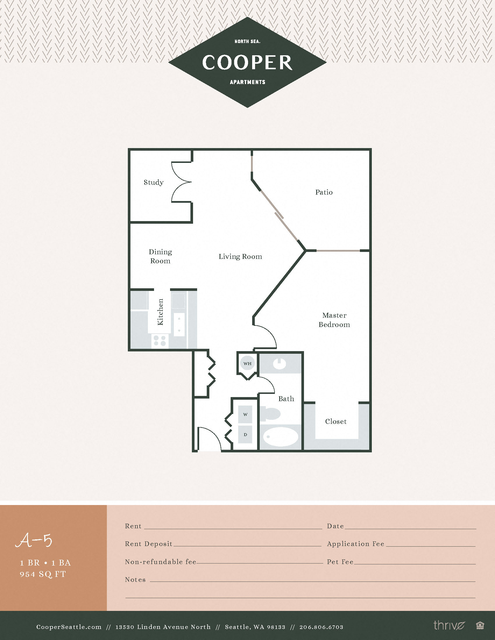 Floor plan for 1 bed, 1 bath, 954 sqft